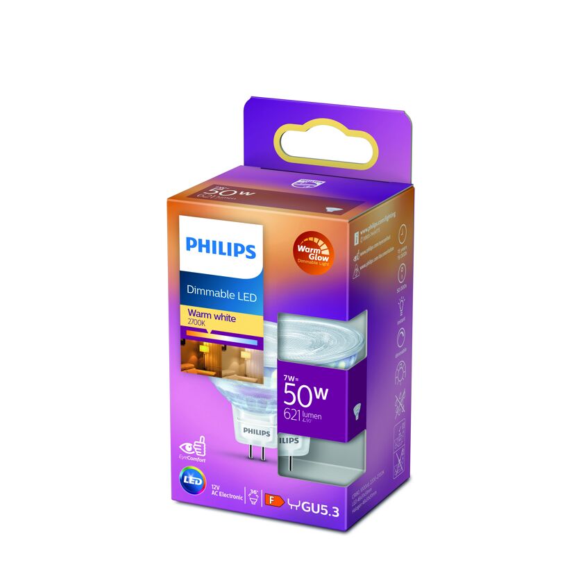 Philips dimmbare LED-Lampe warmweiß in Verpackung.