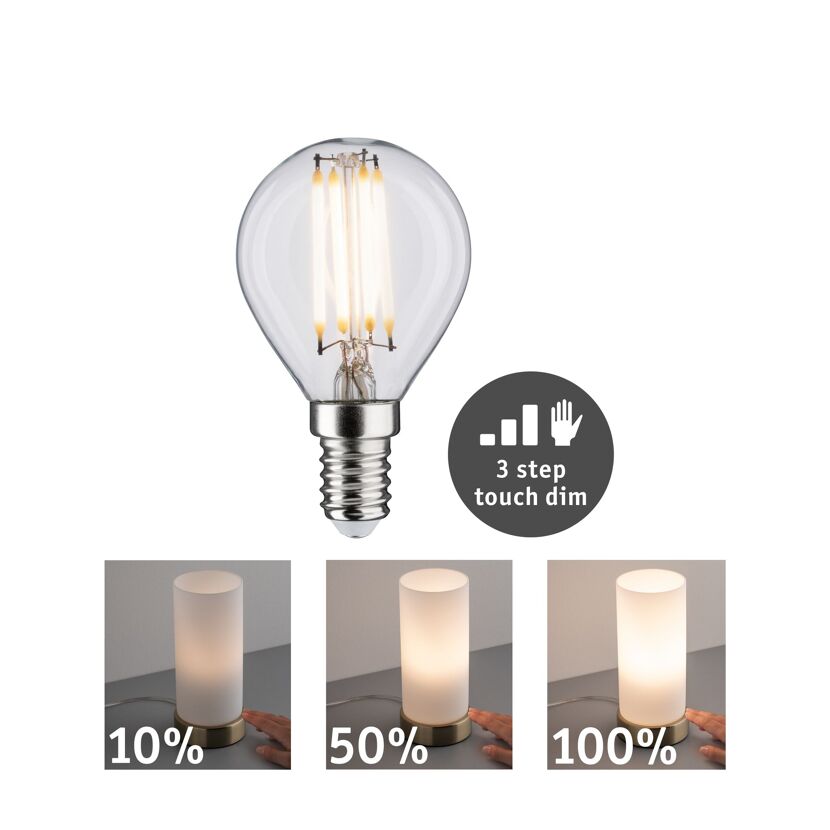 LED-Tropfen, E14, Touch-Dimmfunktion in drei Stufen (10%, 50%, 100%).