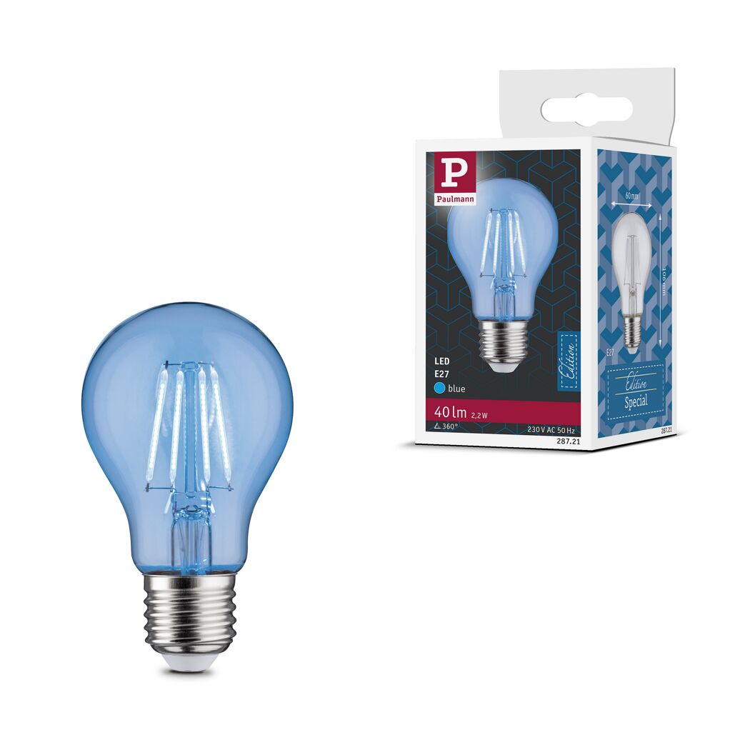 Blaue LED-Glühbirne E27 mit Paulmann Verpackung