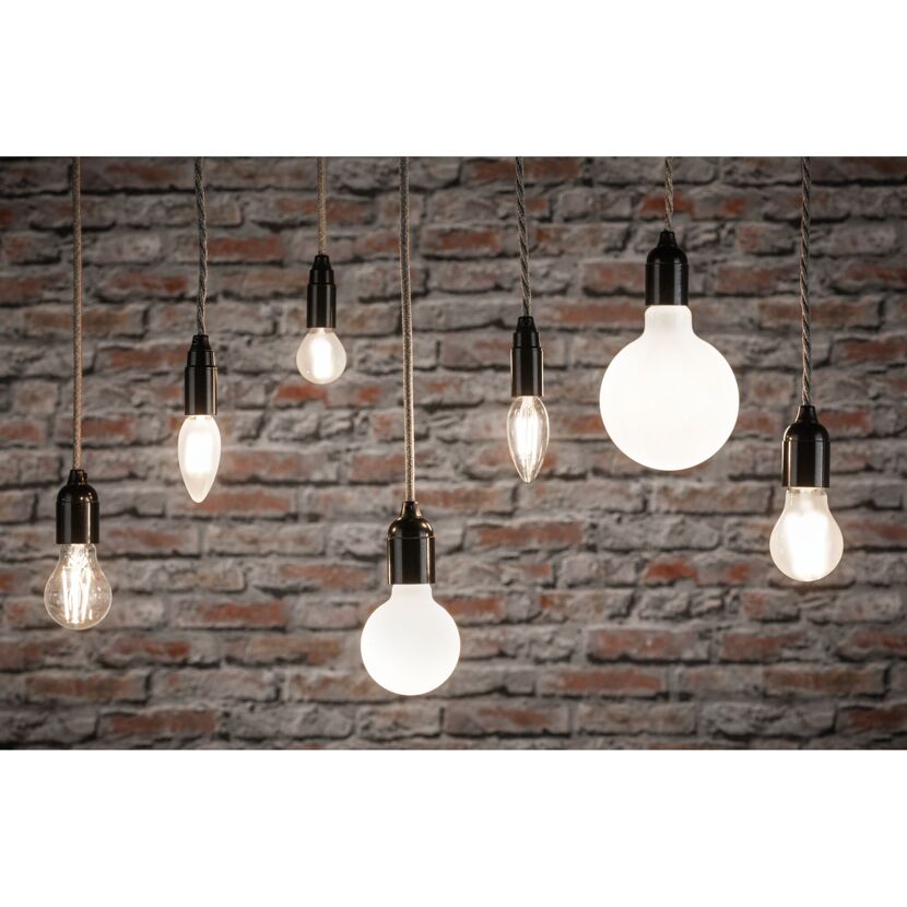 Verschiedene LED-Leuchtmittel hängen vor einer Ziegelwand.