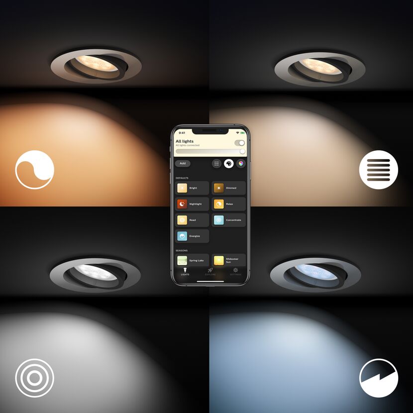 Vier Philips Hue Einbaustrahler mit unterschiedlichen Lichteinstellungen