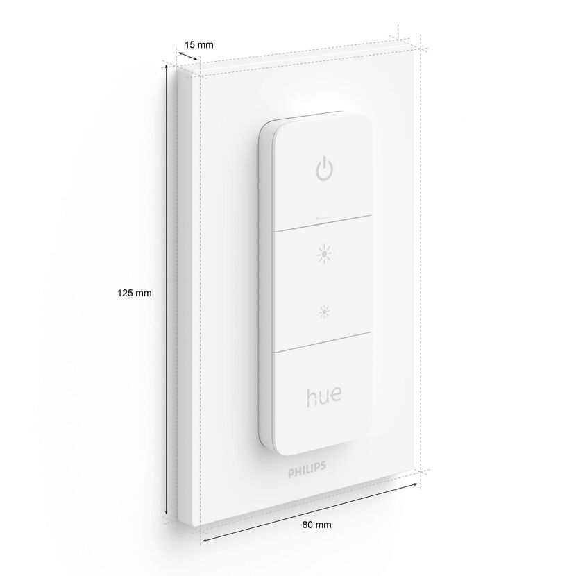 Weißer Philips Hue Dimmschalter mit Maßen.