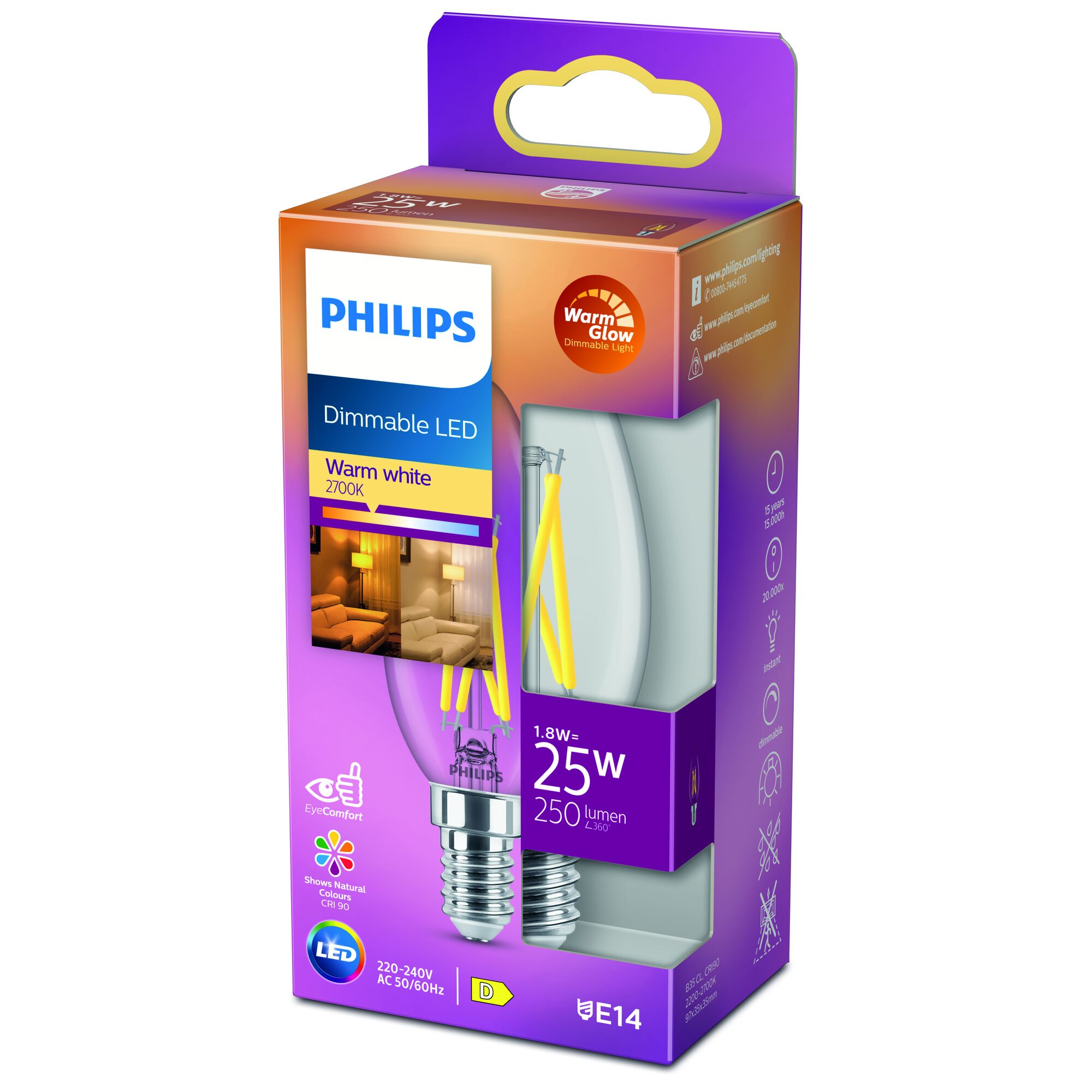 Philips LED Kerze E14 25W, dimmbar, warmweiß
