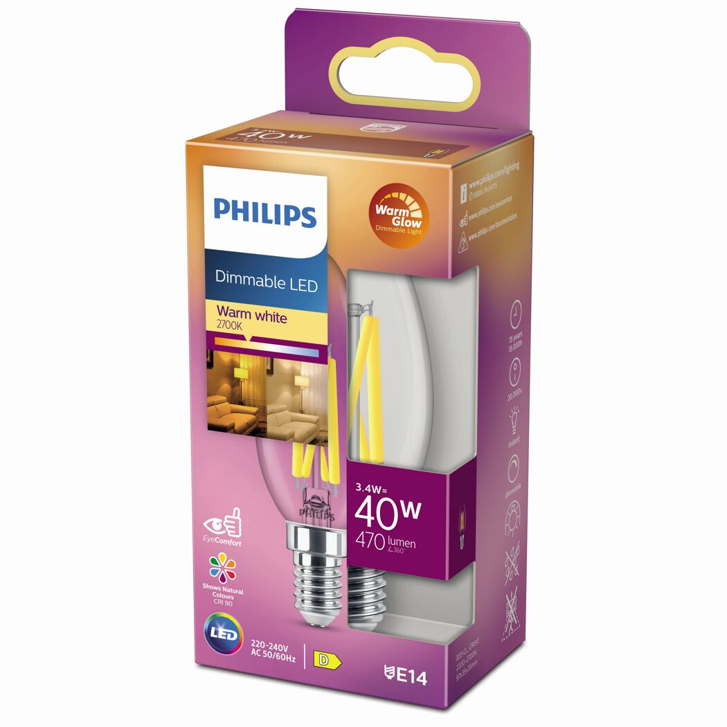Philips dimmbare LED Kerze E14 in Verpackung.