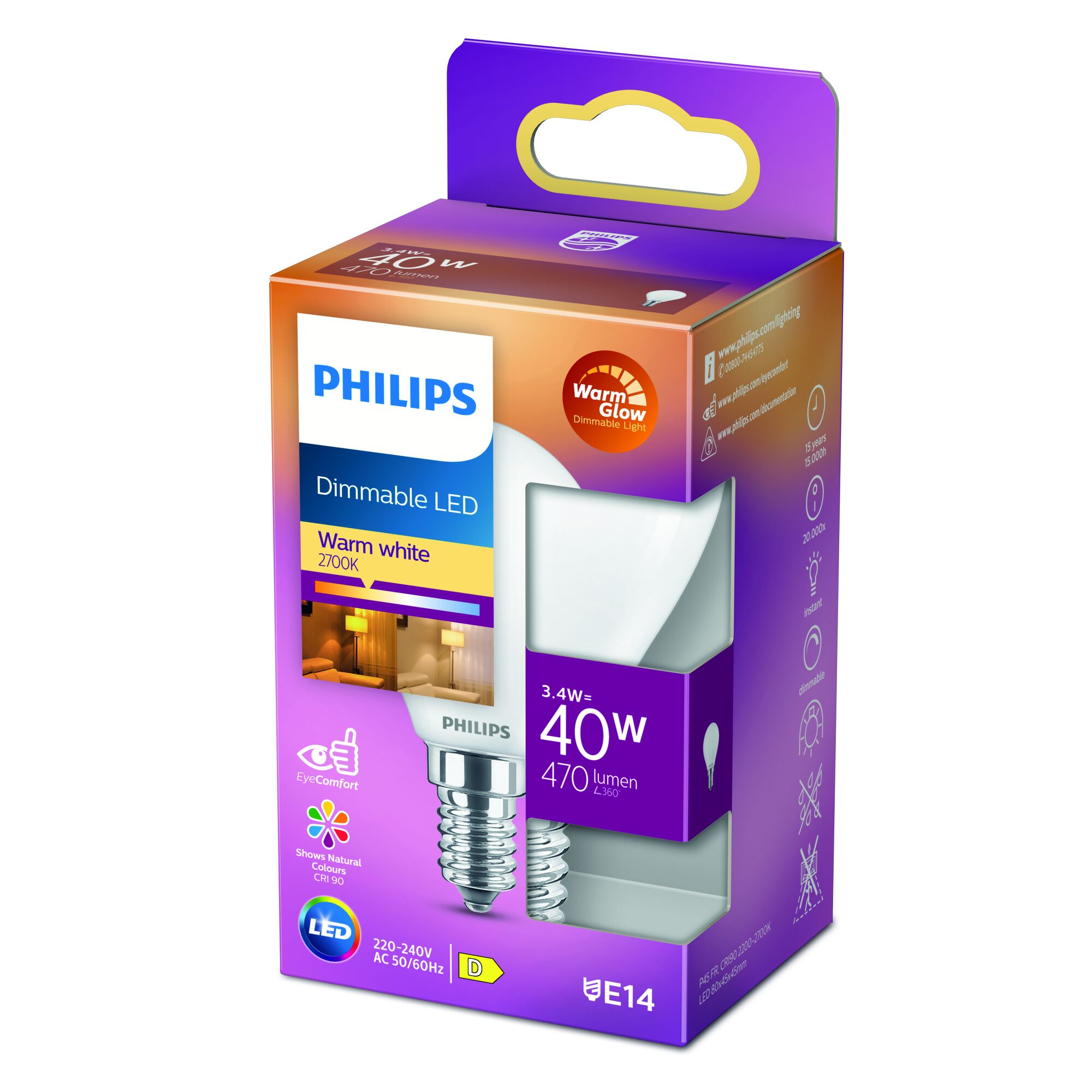 Philips LED-Lampe, 3,4 W, warmweiß, dimmbar, E14