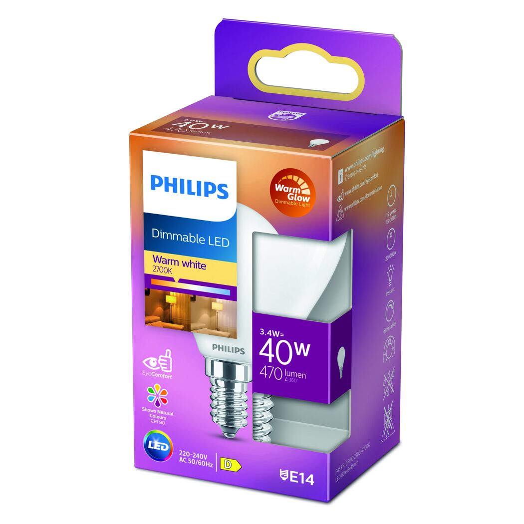 Philips LED-Leuchtmittel Tropfen matt E14 dimmbar in Verpackung.
