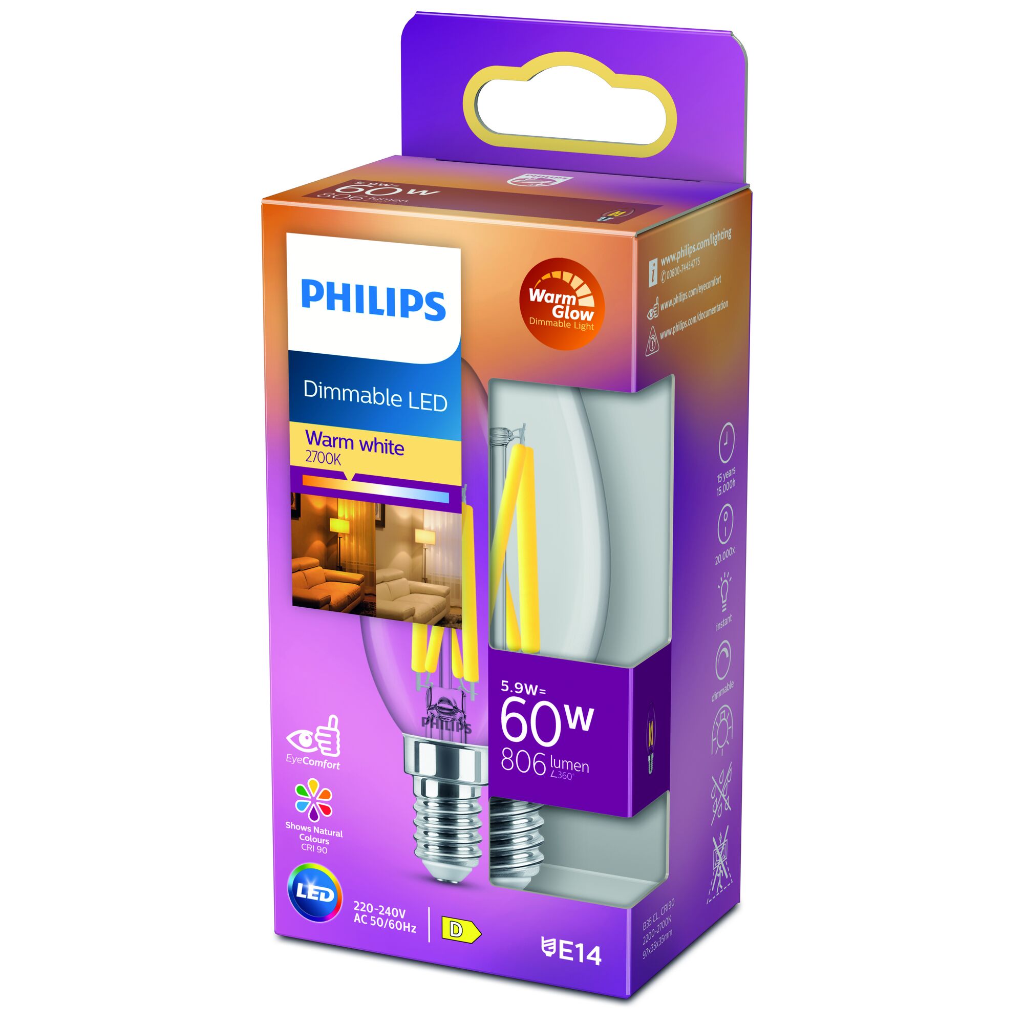 Philips LED-Lampe, 60W, warmweiß, dimmbar