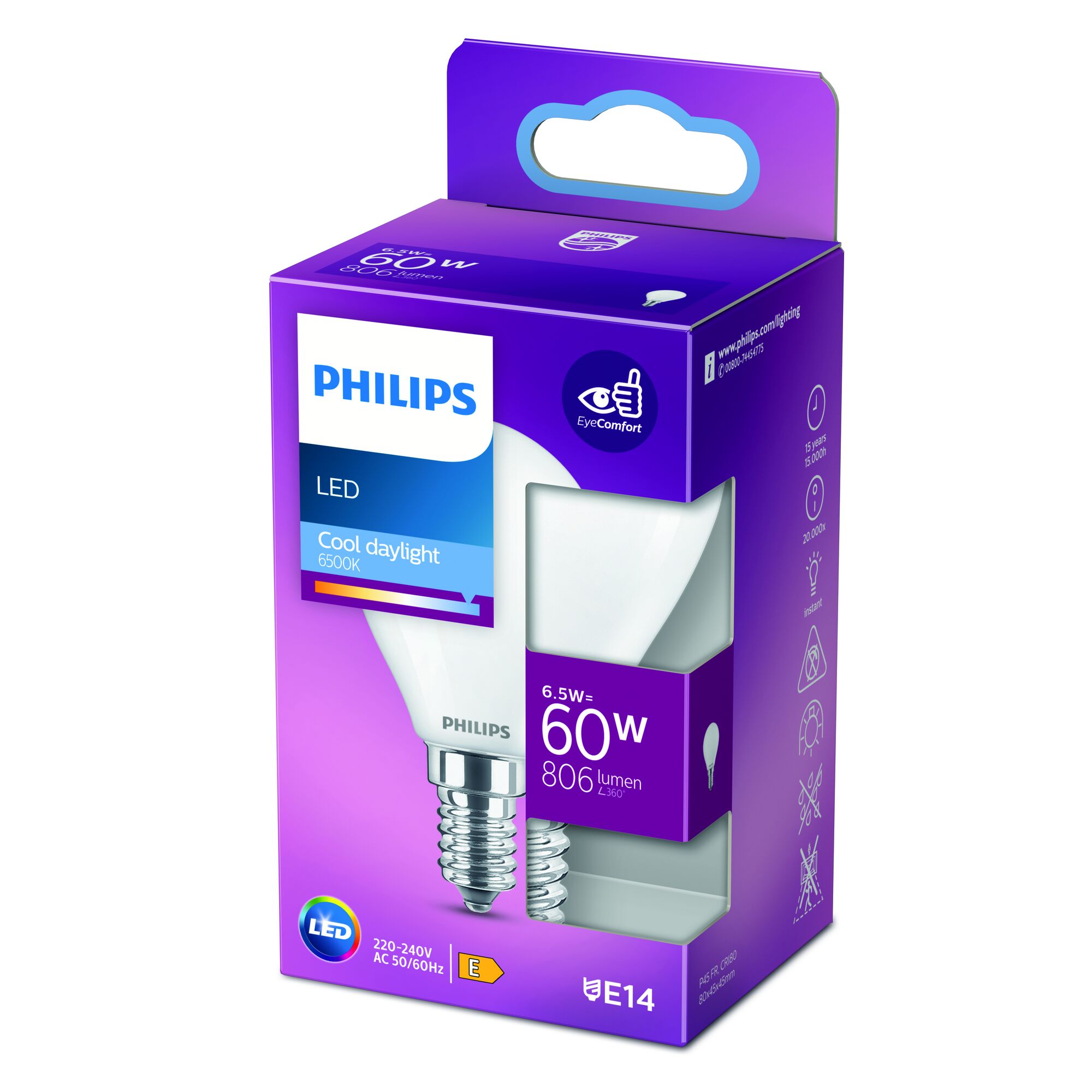 Philips LED-Lampe, 6,5 W, 806 Lumen, Tageslicht, E14-Sockel