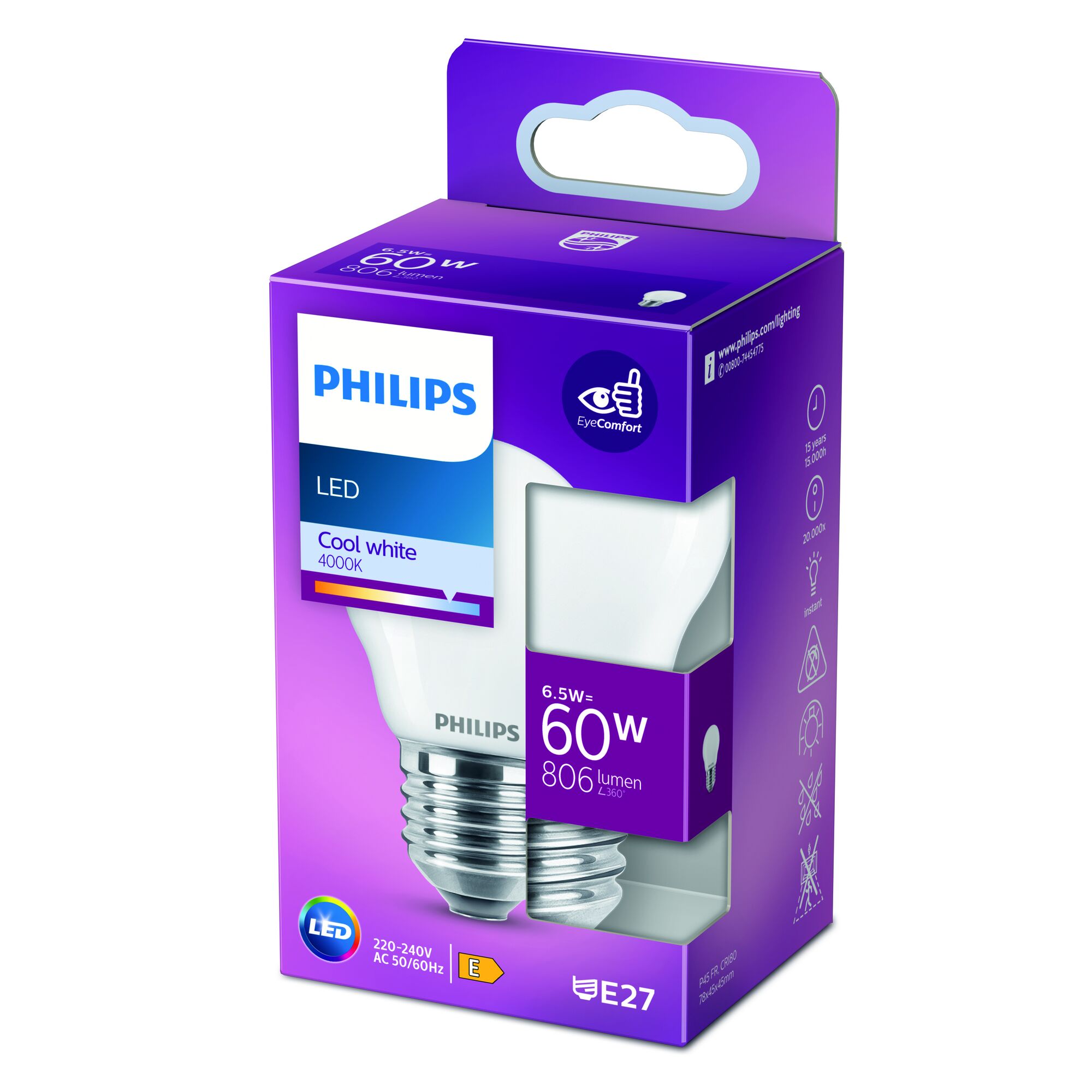 Philips LED-Lampe 6,5 W (entspricht 60 W), Kühles Weiß, E27 Fassung