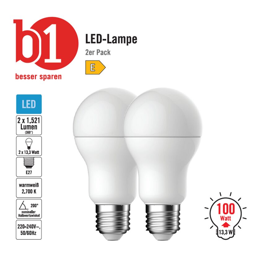 Zwei LED-Lampen, warmweiß, E27, 13,3 Watt