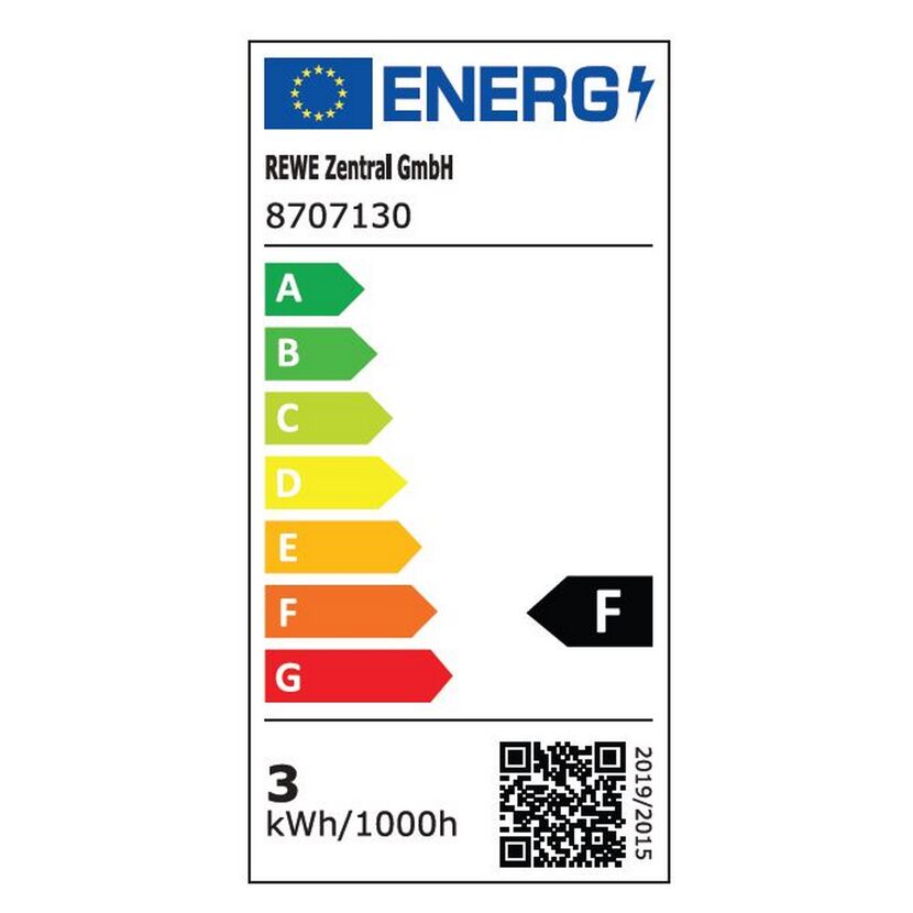 EU-Energielabel, Energieeffizienzklasse F, 3 kWh/1000h