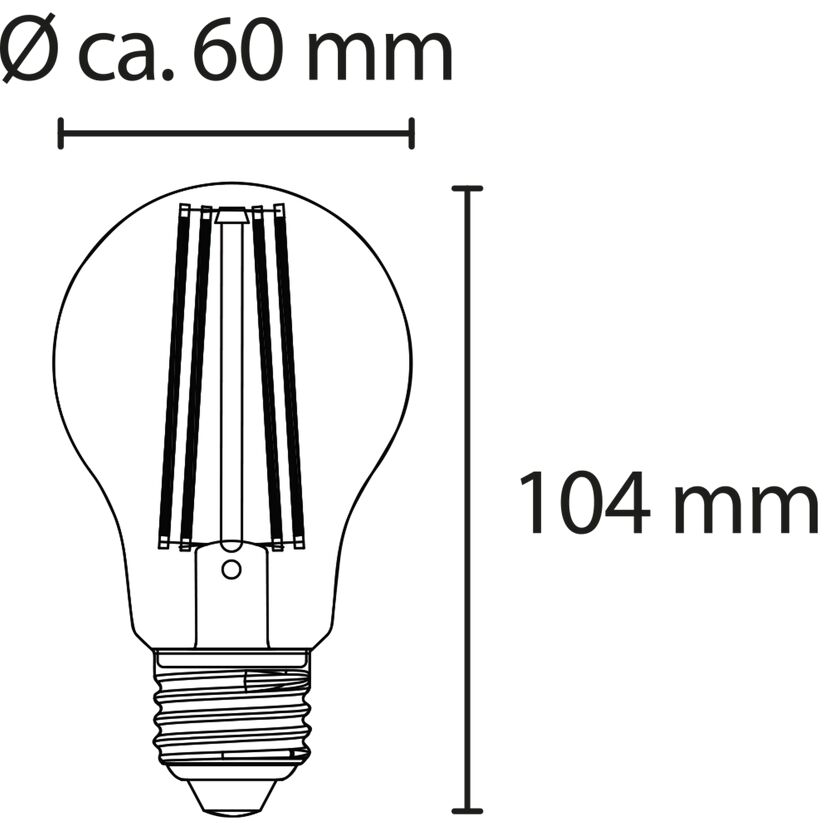 Zeichnung einer LED-Filament-Lampe E27 mit Maßen