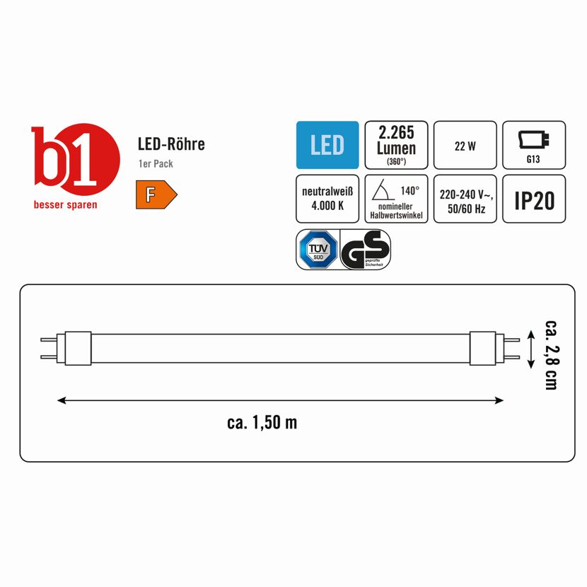 LED-Röhre T8 150 cm, 22 W, 2265 Lumen