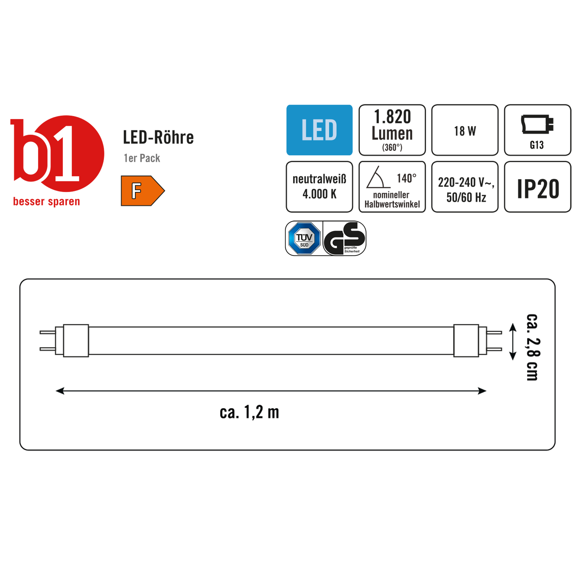 LED-Röhre 120 cm, G13 18 W 1820 lm neutralweiß 4000K + product picture