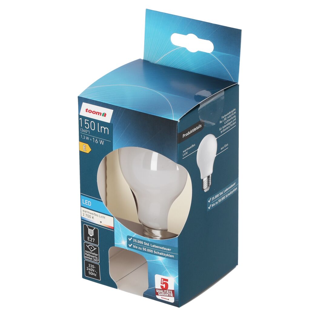 Verpackung des toom LED-Leuchtmittels Tropfen matt E27.