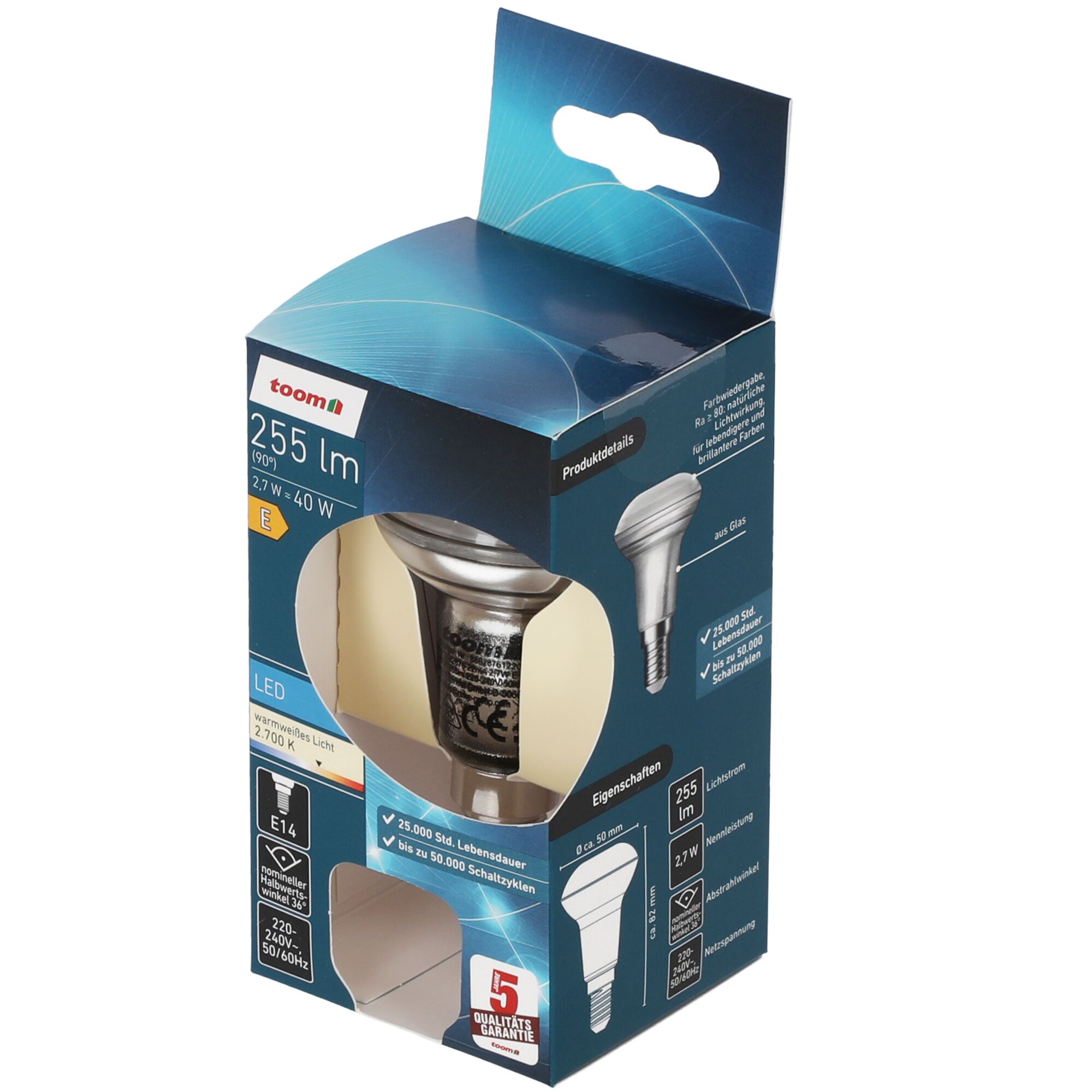 Toom LED-Leuchtmittel Reflektor E14 in blauer Verpackung.
