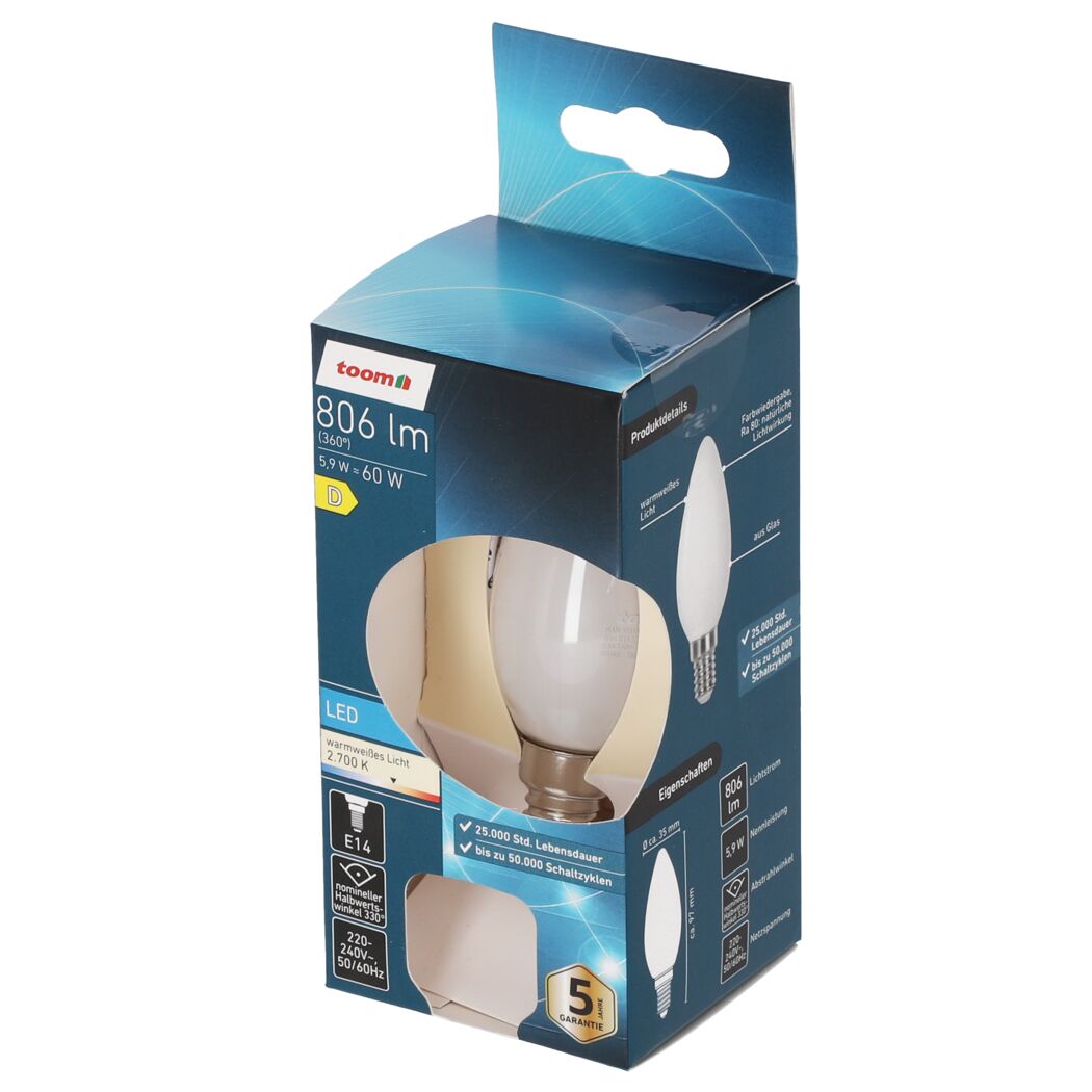 toom LED-Leuchtmittel Kerze matt E14 in Verpackung.
