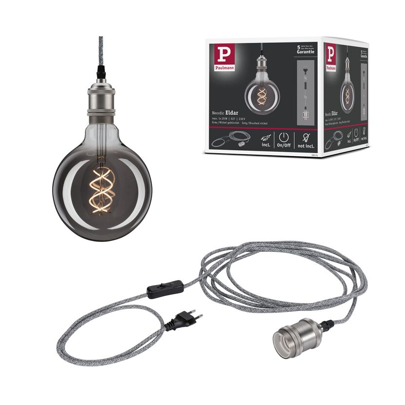 Pendelleuchte 'Neordic Eldar' E27, 1 x 20 W, Grau/Nickel, inklusive Stecker