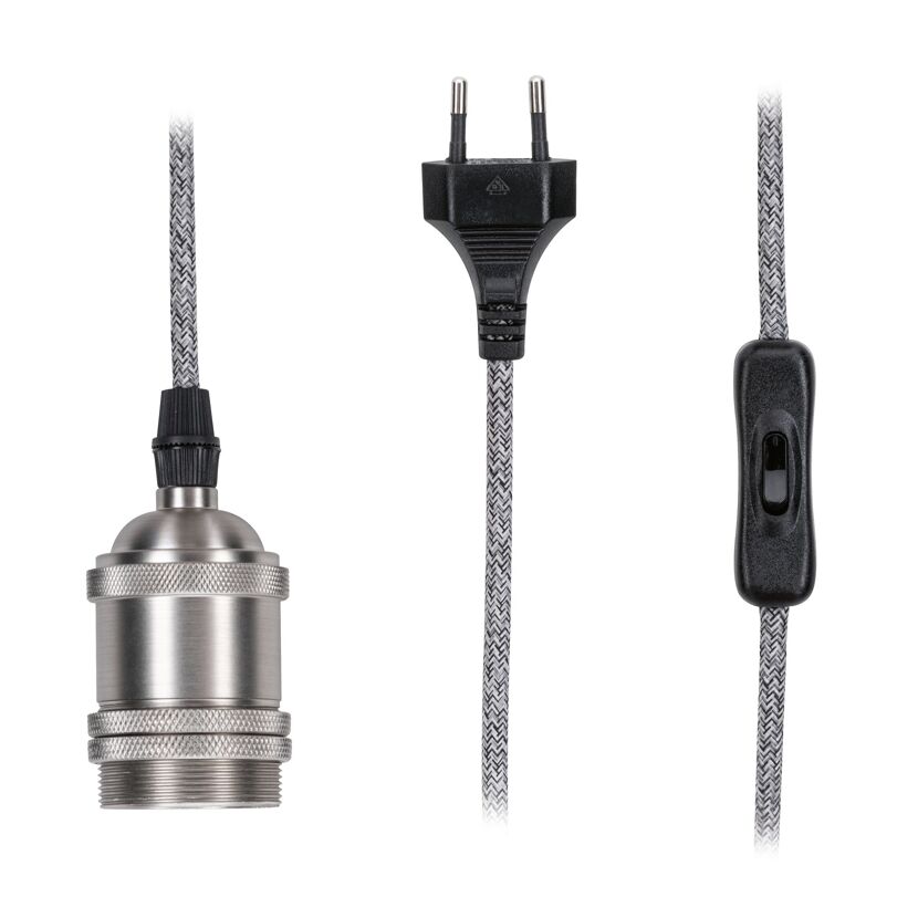 Metallfassung mit Textilkabel, Stecker und Schalter