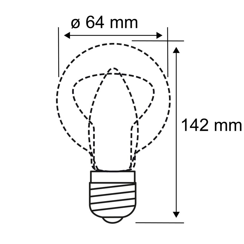 Skizze einer LED-Glühbirne E27 mit Maßen.