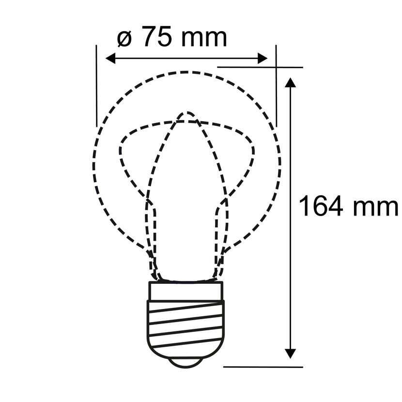 Skizze einer LED-Glühbirne E27 mit Maßen.