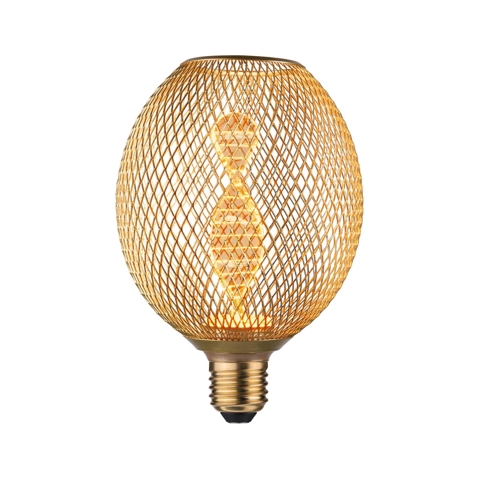 Goldene LED-Glühlampe im Metallkäfig