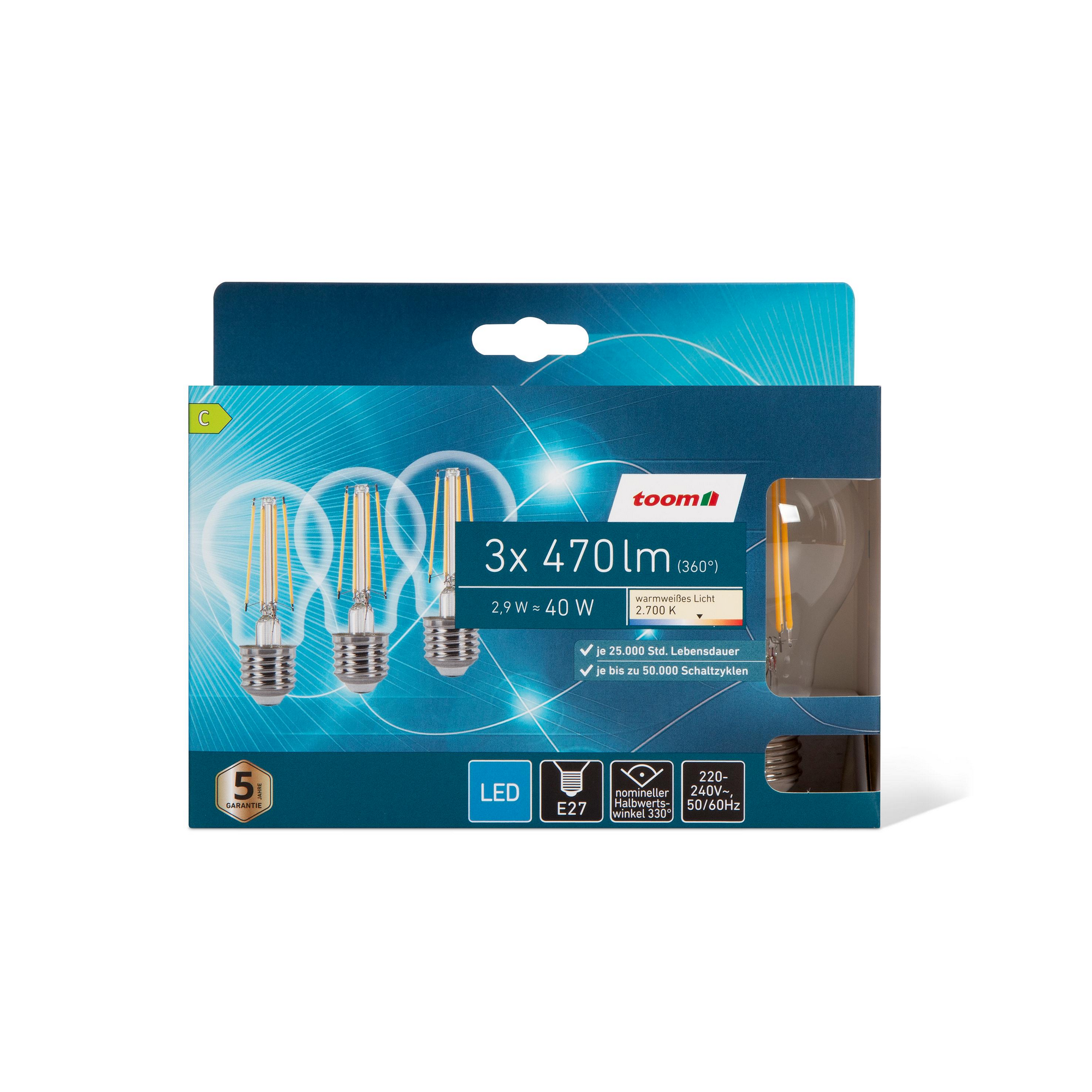 LED-Tropfenlampe klar warmweiß E27 40 W 470 lm, 3er-Pack + product picture