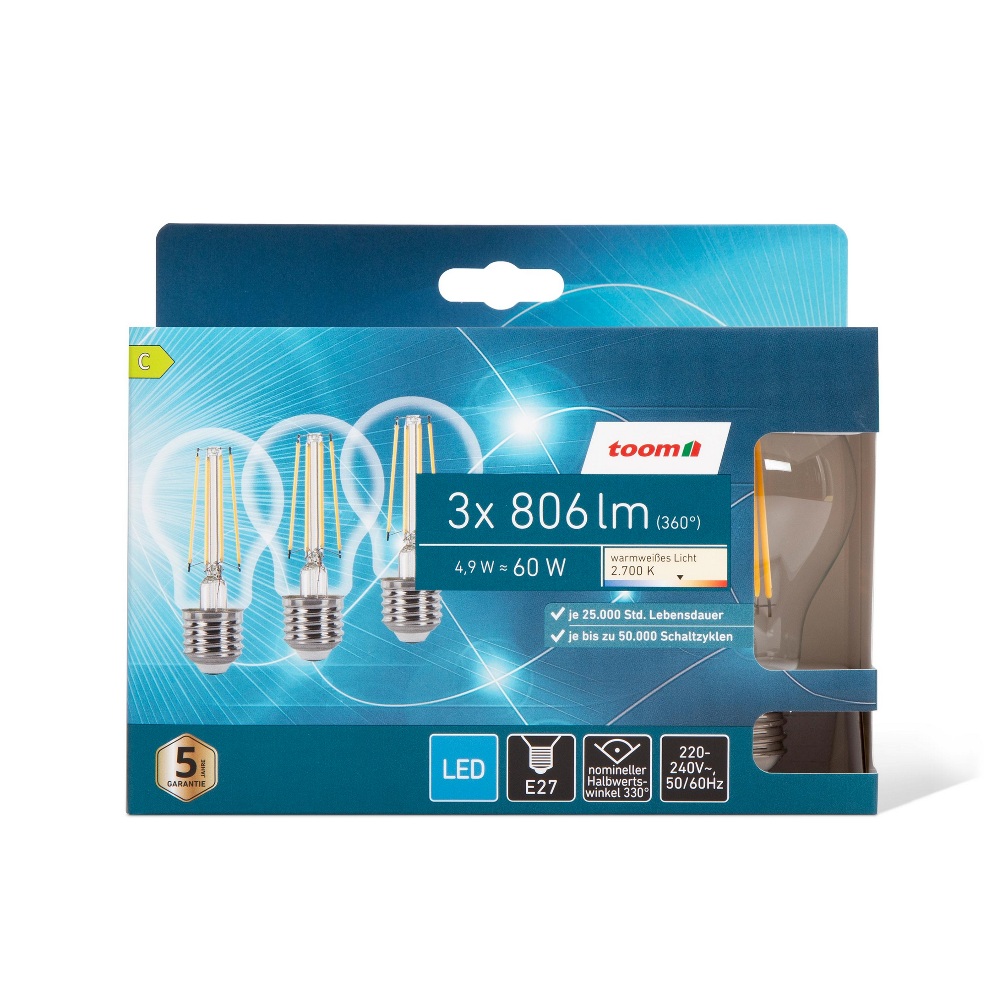 LED-Tropfenlampe klar warmweiß E27 60 W 806 lm, 3er-Pack + product picture