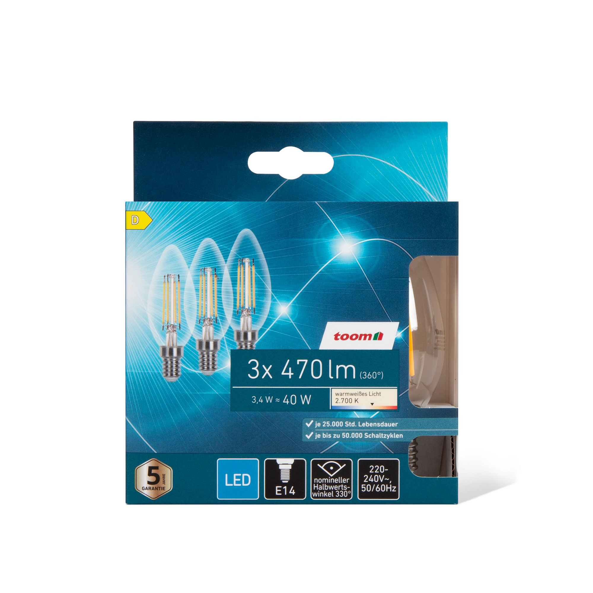 LED-Kerzenlampe klar warmweiß E14 40 W 470 lm, 3er-Pack + product picture