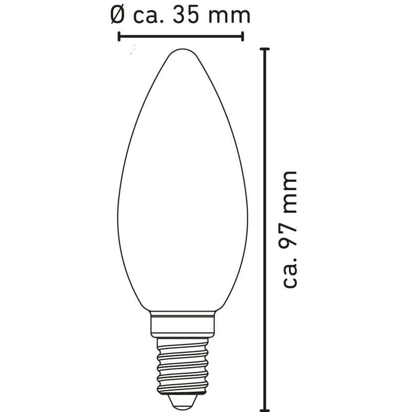 Skizze einer LED-Kerze E14 mit Maßen