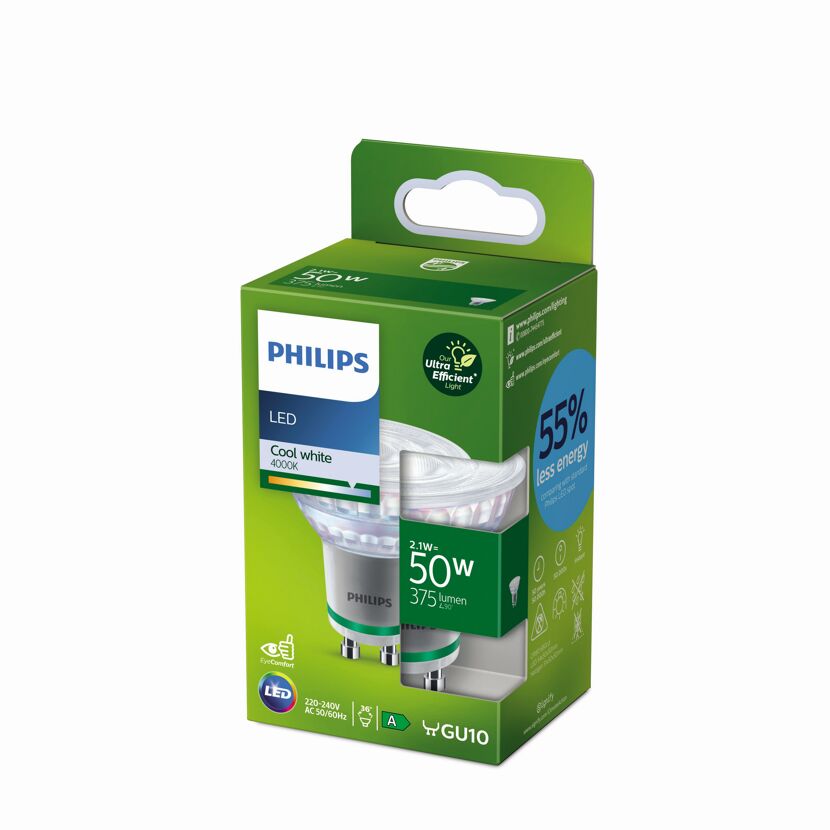 Philips LED-Leuchtmittel GU10 in grüner Produktverpackung