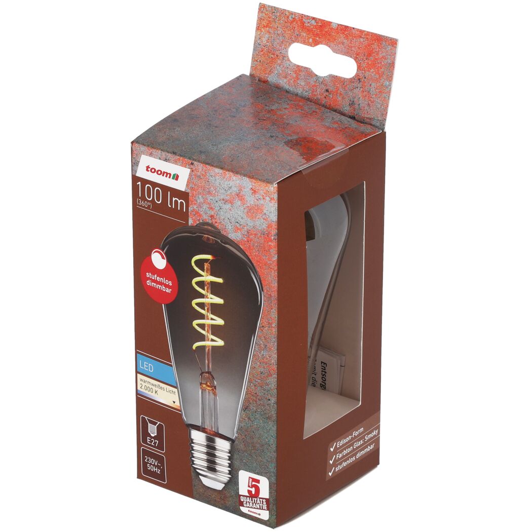 toom LED-Leuchtmittel dimmbar Edison smoky E27 in Verpackung.