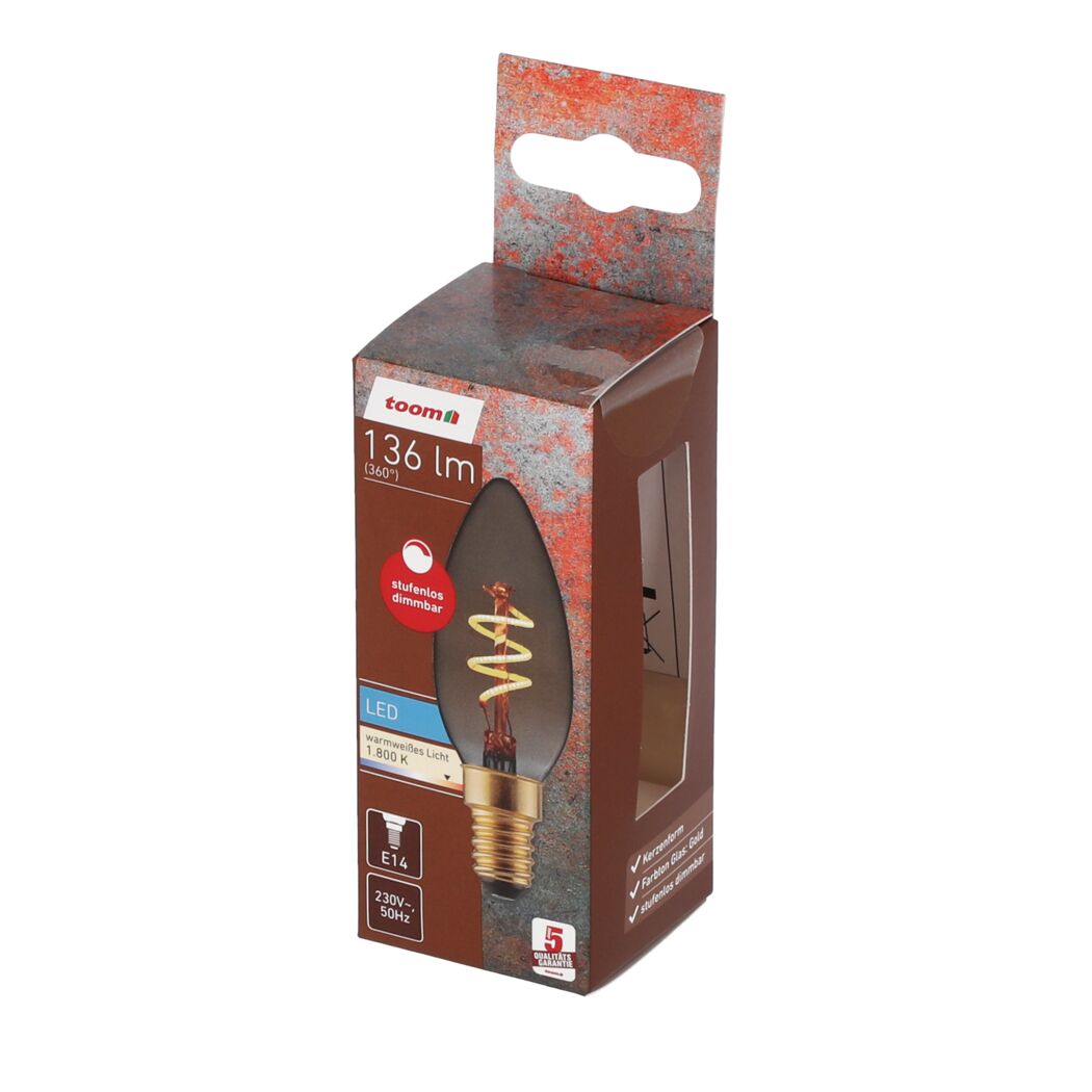 Toom LED-Leuchtmittel Kerze gold E14 dimmbar in Verpackung.