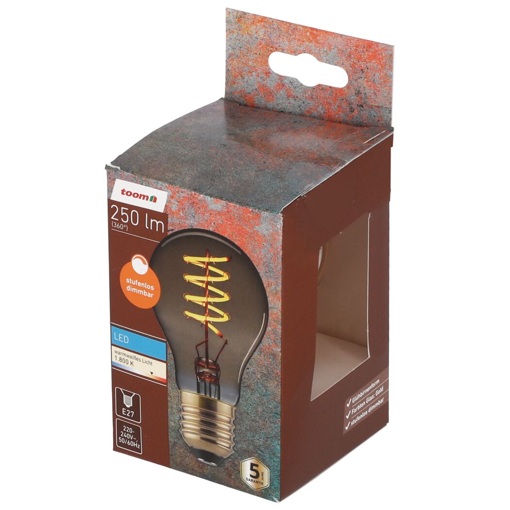 LED-Leuchtmittel dimmbar Standardform gold E27 in Verpackung.