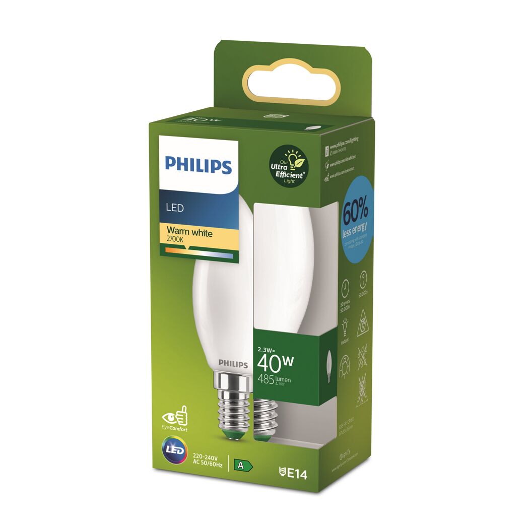 Verpacktes Philips LED-Leuchtmittel Classic Kerze E14 matt warmweiß