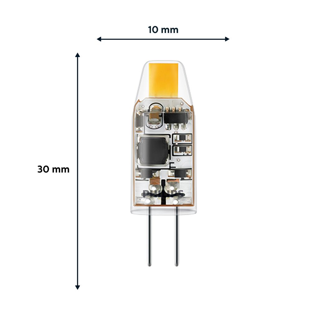 LED-Leuchtmittel Stift klar G4 mit Maßen 10x30 mm.