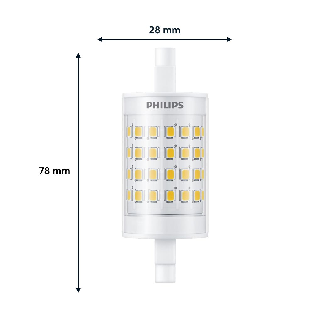 Philips LED-Leuchtmittel R7S mit Maßen 28x78 mm.