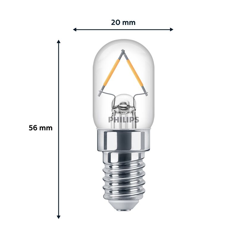 Philips LED Stiftleuchtmittel E14 klar mit Maßen.