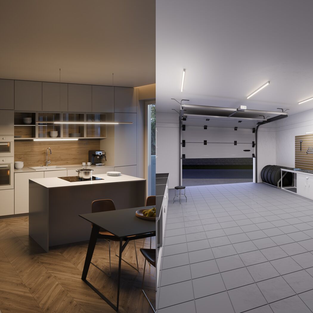 Warmweißes LED-Licht in Küche und helle Beleuchtung in Garage