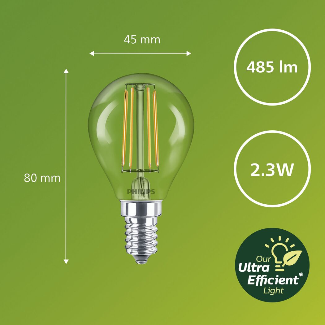 Philips LED-Leuchtmittel Classic E14 klar mit Maßen und Leistung.