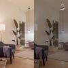 Wohnzimmer mit dimmbarer SmartLED Lampe, heller und gedimmter Zustand.