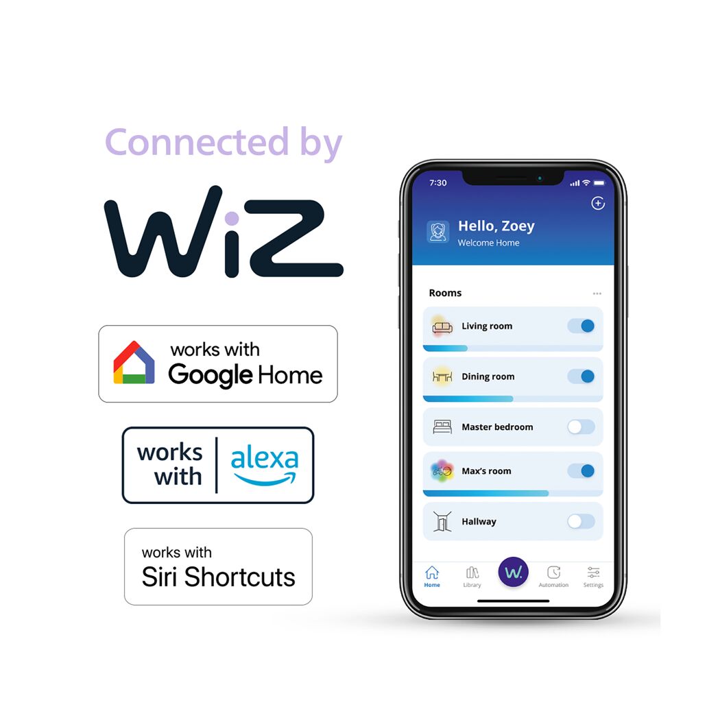 Wiz Smart Home App auf Smartphone mit Kompatibilitätslogos.