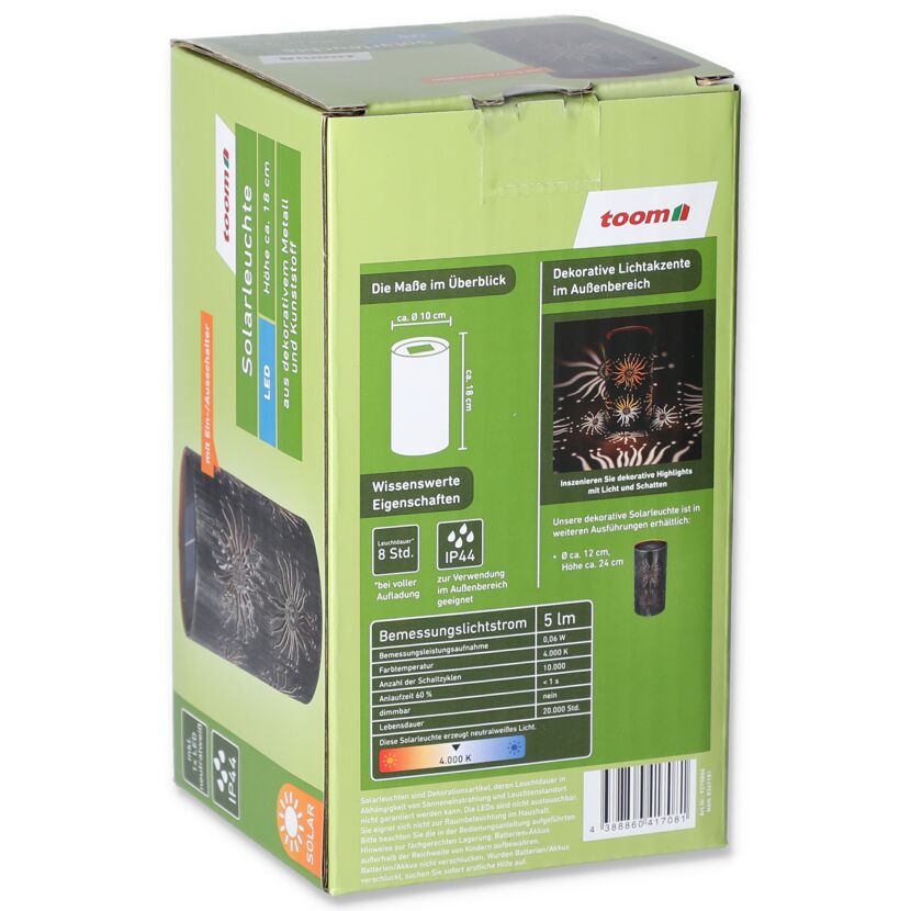 Verpackung einer Solarleuchte mit Produktdetails