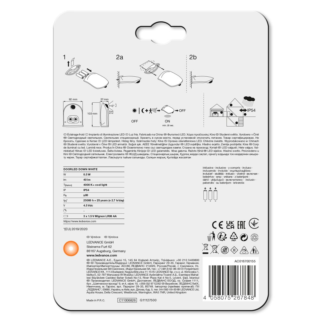 LED-Eingangsleuchte mit Bewegungssensor 0,95 W 40 lm neutralweiß IP 54 9,24 x 10,25 x 3,65 cm