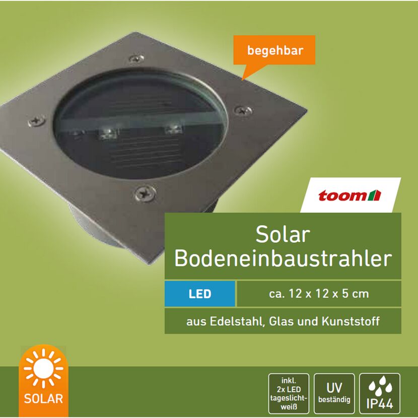 Solar Bodeneinbaustrahler aus Edelstahl, Glas und Kunststoff