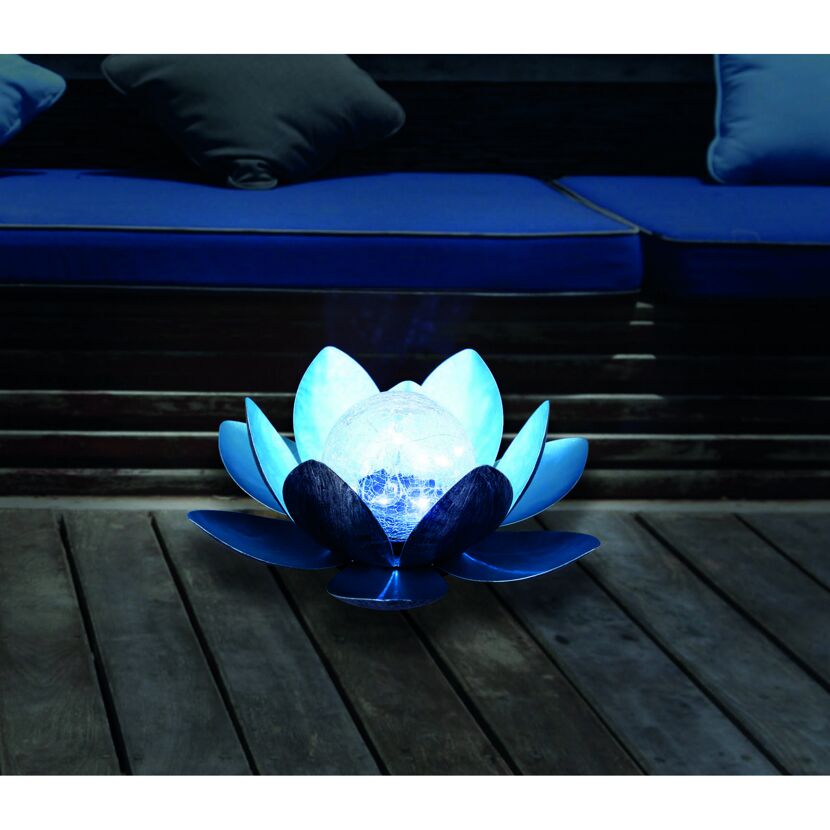 Blaue Solar-Lotusblume auf Holzboden