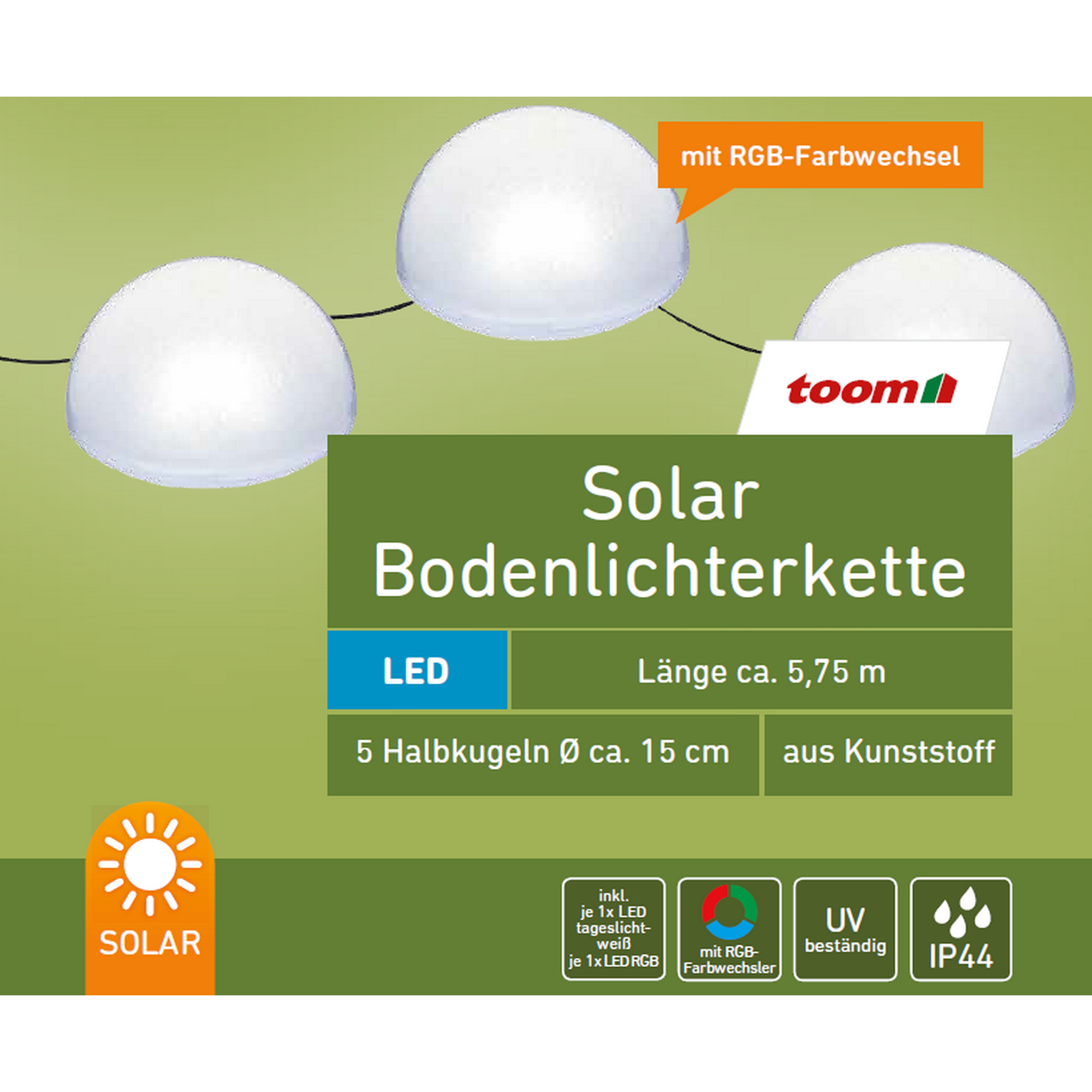 Solar-Bodenlichterkette mit 5 Halbkugeln und Farbwechsler 475 cm + product picture