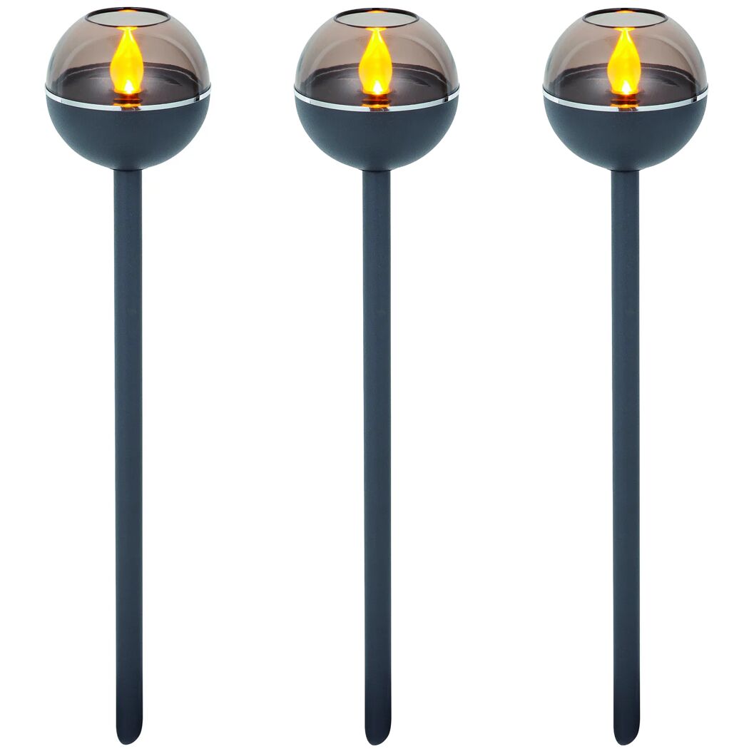 Drei schwarze Solarfackeln mit flammenartigem Licht.