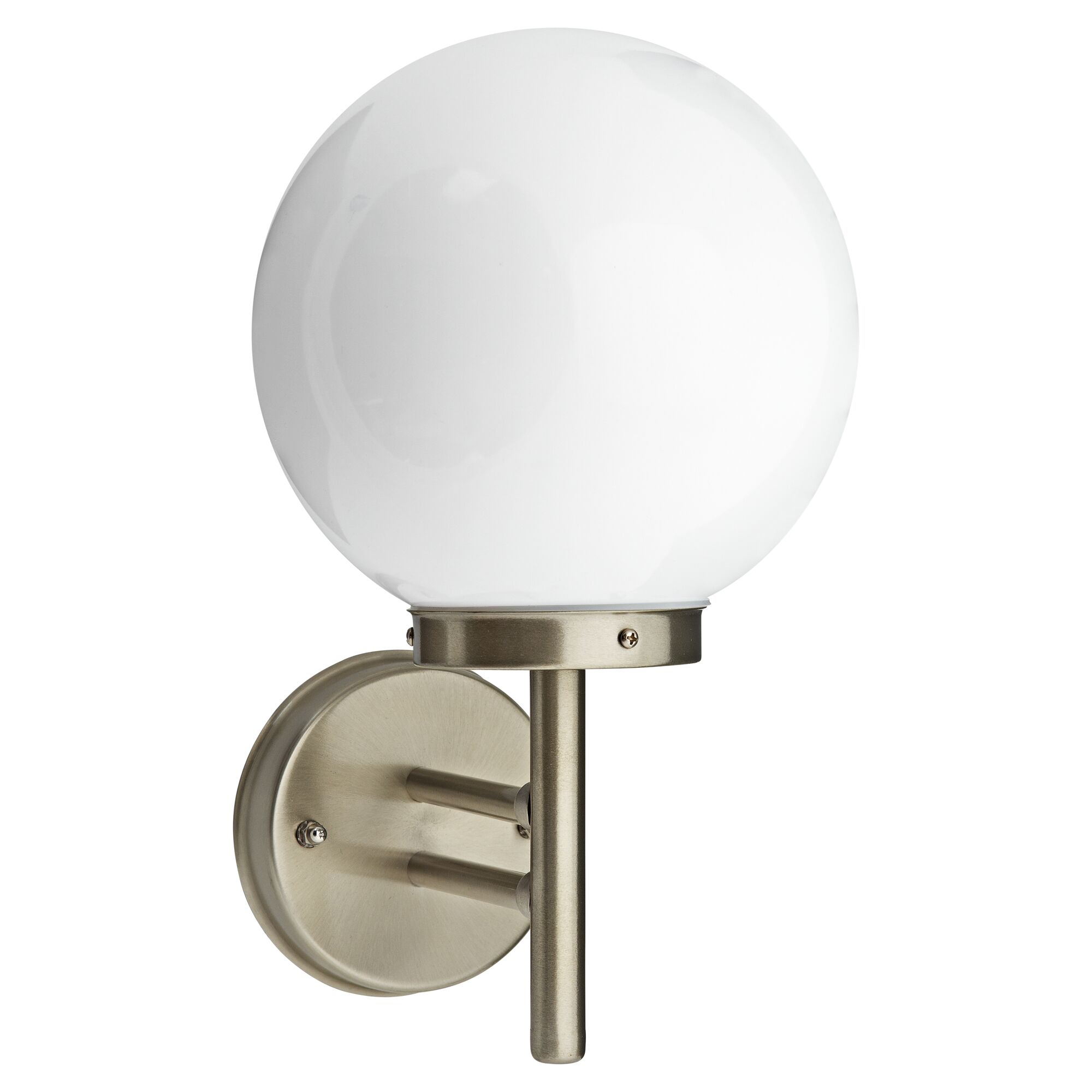 runde Wandleuchte Berlin in Nickel matt mit weißem Glasschirm