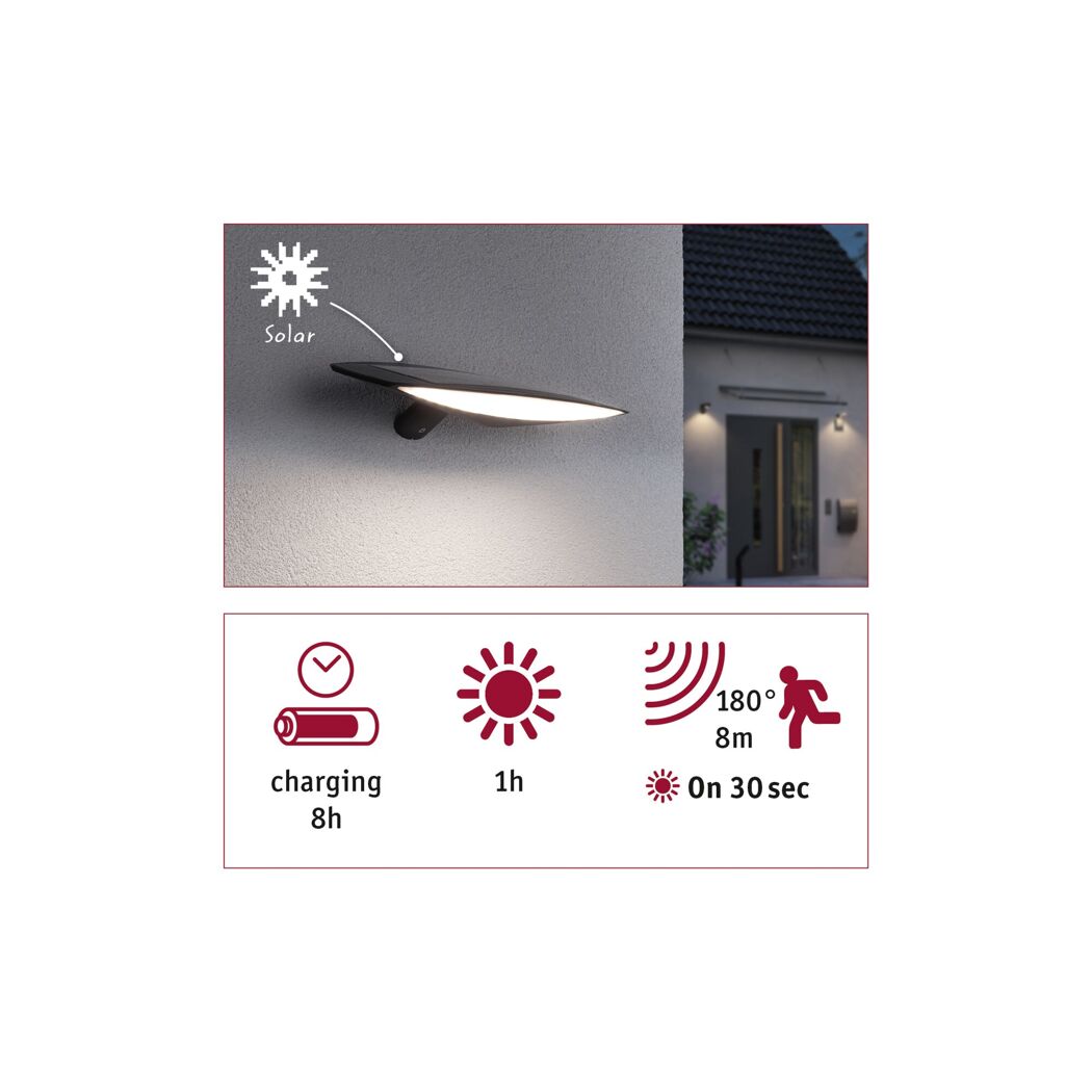 Solar-Außenwandleuchte 'Kiran' mit Bewegungssensor 600 lm warmweiß IP 44 35 x 6,9 x 18,6 cm